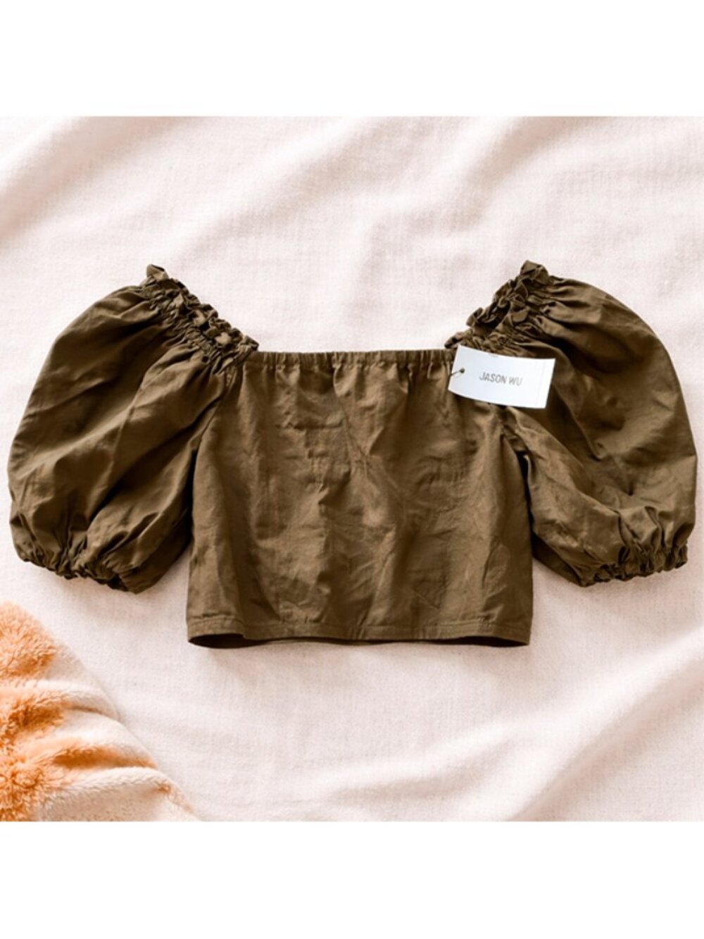 Jason Wu Olive Green Off-Shoulder Puff Sleeve Crop Top Size S